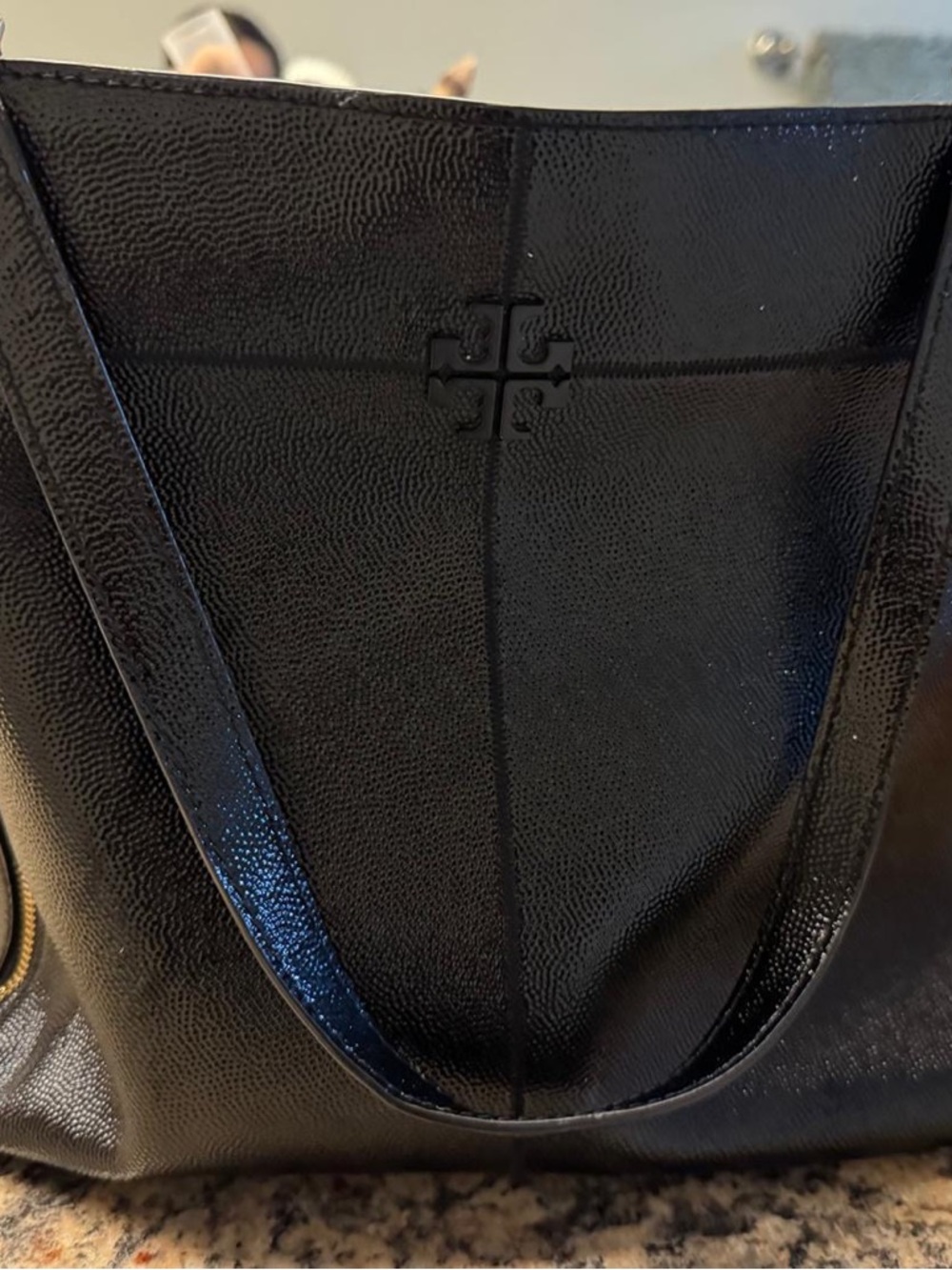 Tory Burch Black Thea Slouchy Zip Tote Leather Messenger Tote with Logo Detail